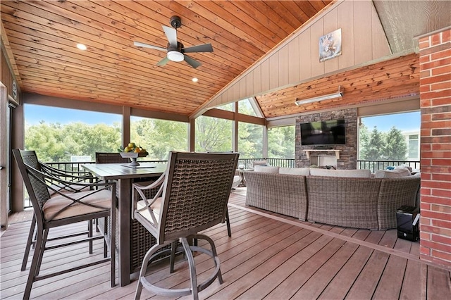 9905 W 144th St, Overland Park, KS 66221 - sunroom featuring an outdoor living space, ceiling fan, outdoor dining area, and vaulted ceiling