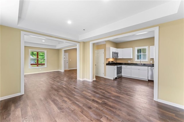 2717 Bales Ave, Kansas City, MO 64128 - kitchen with appliances with stainless steel finishes, a tray ceiling, dark countertops, open floor plan, and dark wood-style floors