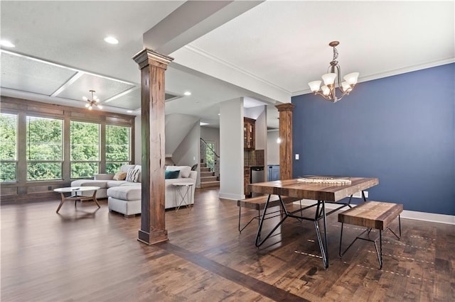 4529 Lakecrest Dr, Shawnee, KS 66218 - dining area with ornate columns, stairs, wood finished floors, crown molding, and a chandelier