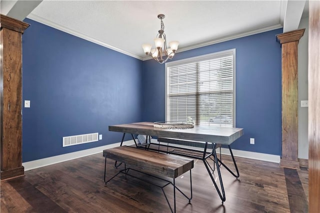 4529 Lakecrest Dr, Shawnee, KS 66218 - dining room featuring ornamental molding, ornate columns, a chandelier, and wood finished floors