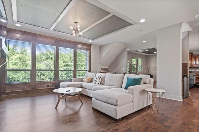 4529 Lakecrest Dr, Shawnee, KS 66218 - living area featuring dark wood finished floors, a chandelier, and recessed lighting