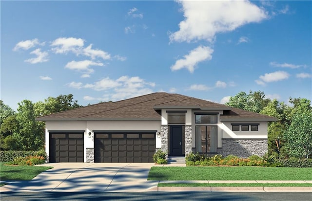 15998 S Twilight Ln, Olathe, KS 66062 - prairie-style house featuring stucco siding, stone siding, an attached garage, and driveway