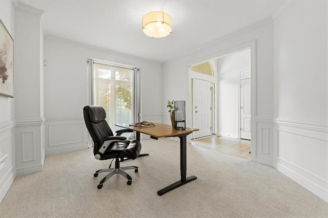 6205 W 149th St, Overland Park, KS 66223 - home office with carpet floors, crown molding, a decorative wall, and wainscoting