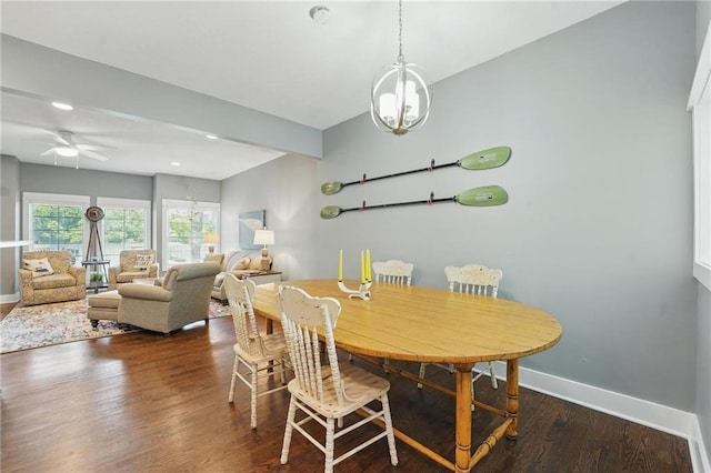 9 P St, Lees Summit, MO 64086 - dining room featuring dark wood-type flooring, a ceiling fan, a chandelier, and recessed lighting