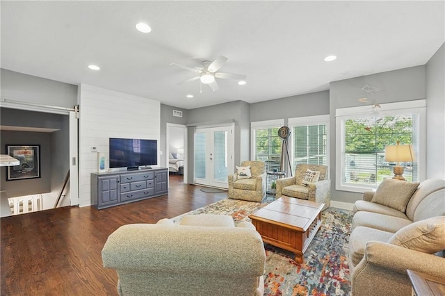 9 P St, Lees Summit, MO 64086 - living room with ceiling fan, dark wood-style flooring, and recessed lighting