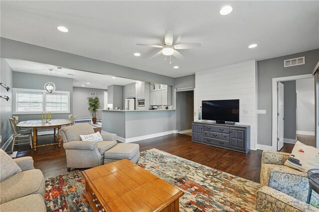 9 P St, Lees Summit, MO 64086 - living room with a ceiling fan, dark wood-type flooring, and recessed lighting