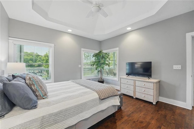 9 P St, Lees Summit, MO 64086 - bedroom with a tray ceiling, wood finished floors, recessed lighting, and ceiling fan