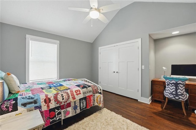 9 P St, Lees Summit, MO 64086 - bedroom with dark wood finished floors, vaulted ceiling, and a ceiling fan