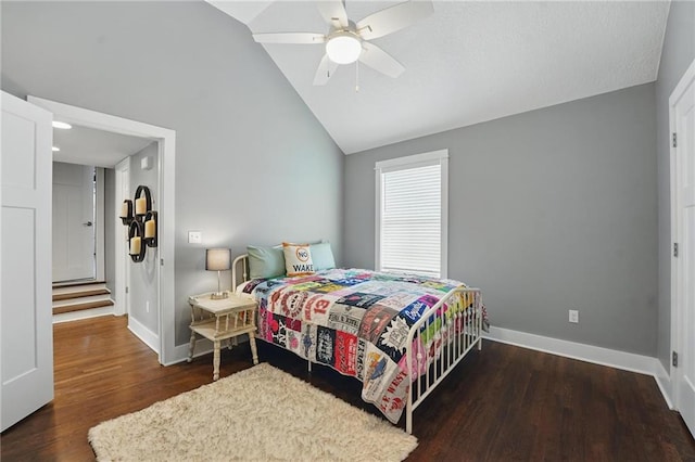 9 P St, Lees Summit, MO 64086 - bedroom with wood finished floors, high vaulted ceiling, and ceiling fan