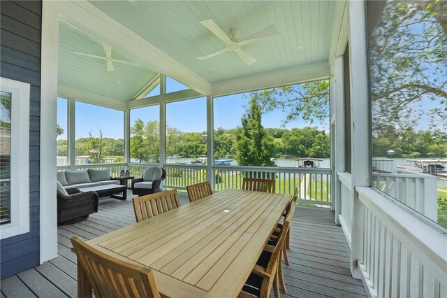 9 P St, Lees Summit, MO 64086 - wooden terrace with a ceiling fan, an outdoor hangout area, and outdoor dining area