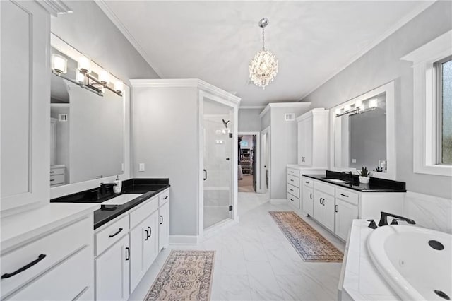 16600 Eby St, Overland Park, KS 66085 - full bath featuring a chandelier, two vanities, a shower stall, marble look tiles, and ornamental molding