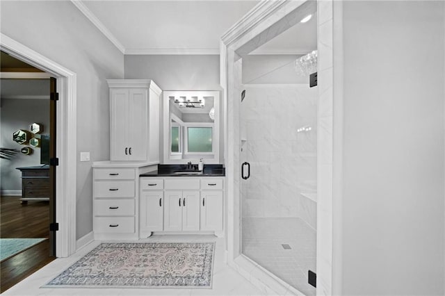 16600 Eby St, Overland Park, KS 66085 - bathroom with crown molding, a marble finish shower, vanity, and a chandelier