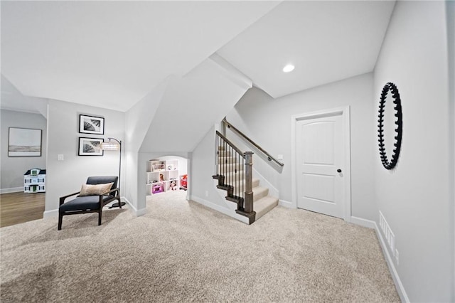16600 Eby St, Overland Park, KS 66085 - living area featuring carpet, stairway, and recessed lighting
