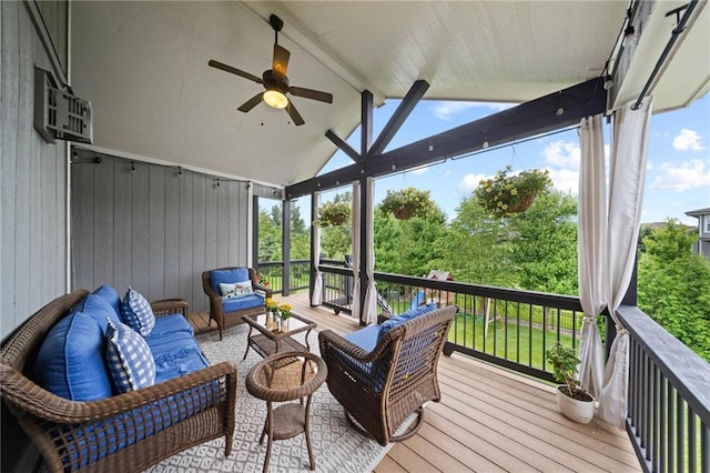 16600 Eby St, Overland Park, KS 66085 - wooden terrace featuring an outdoor living space and a ceiling fan