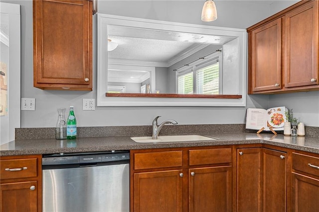 5016 Lydia Ave, Kansas City, MO 64110 - kitchen with dishwasher, dark countertops, crown molding, brown cabinetry, and a textured ceiling