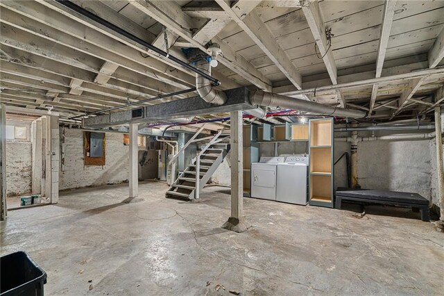 5016 Lydia Ave, Kansas City, MO 64110 - basement featuring electric panel, washing machine and dryer, and stairway