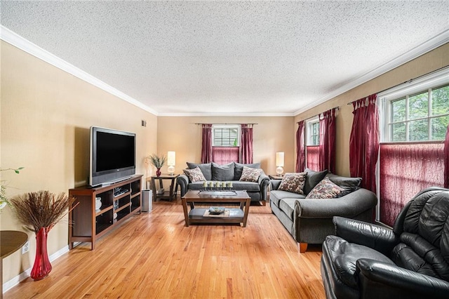 9412 Delmar St, Prairie Village, KS 66207 - living area with a textured ceiling, ornamental molding, light wood-style flooring, and healthy amount of natural light