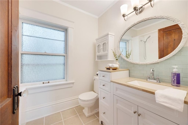 3029 E 7th St, Kansas City, MO 64124 - bathroom with backsplash, tile patterned floors, healthy amount of natural light, vanity, and crown molding