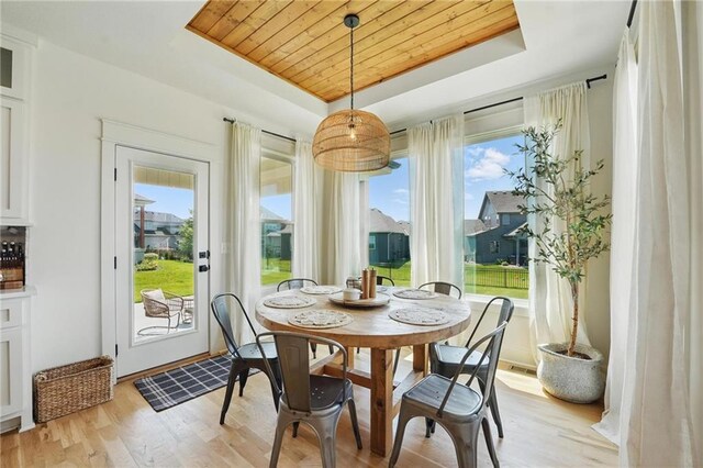 16555 S Lichtenauer Dr, Olathe, KS 66062 - dining room with a tray ceiling, wooden ceiling, healthy amount of natural light, and light wood finished floors