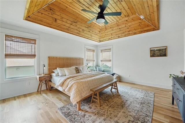 16555 S Lichtenauer Dr, Olathe, KS 66062 - bedroom featuring multiple windows, light wood-type flooring, wooden ceiling, ceiling fan, and a tray ceiling