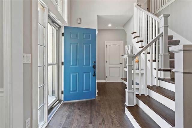 17940 W 158th Ct, Olathe, KS 66062 - entrance foyer featuring wood finished floors, stairs, recessed lighting, and a high ceiling