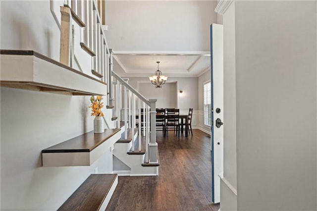 17940 W 158th Ct, Olathe, KS 66062 - entrance foyer featuring stairs, dark wood-style floors, a chandelier, and ornamental molding