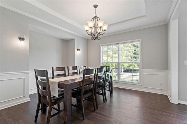 17940 W 158th Ct, Olathe, KS 66062 - dining space featuring a tray ceiling, a chandelier, dark wood-style flooring, a wainscoted wall, and crown molding