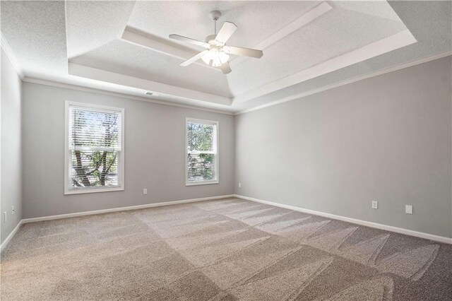17940 W 158th Ct, Olathe, KS 66062 - spare room featuring a tray ceiling, carpet floors, a ceiling fan, ornamental molding, and a textured ceiling