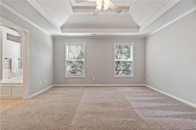 17940 W 158th Ct, Olathe, KS 66062 - spare room featuring a raised ceiling, light carpet, a ceiling fan, a textured ceiling, and ornamental molding