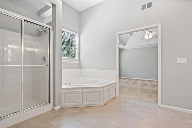 17940 W 158th Ct, Olathe, KS 66062 - bathroom with a shower stall, a bath, ceiling fan, and tile patterned floors