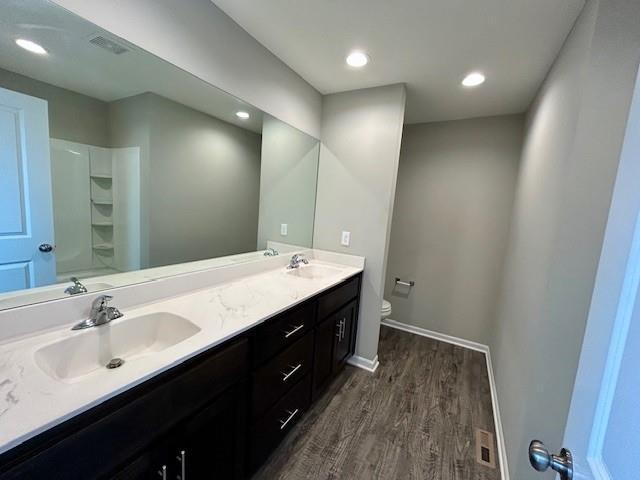 21800 Southcreek Rd, Peculiar, MO 64078 - bathroom with double vanity, wood finished floors, recessed lighting, and a shower