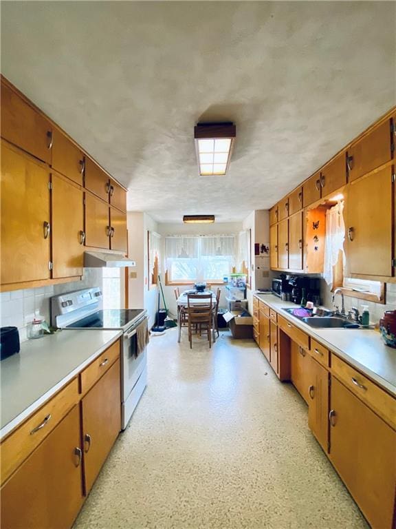311 SW 12th Ter, Concordia, MO 64020 - kitchen featuring electric stove, under cabinet range hood, a sink, light countertops, and tasteful backsplash