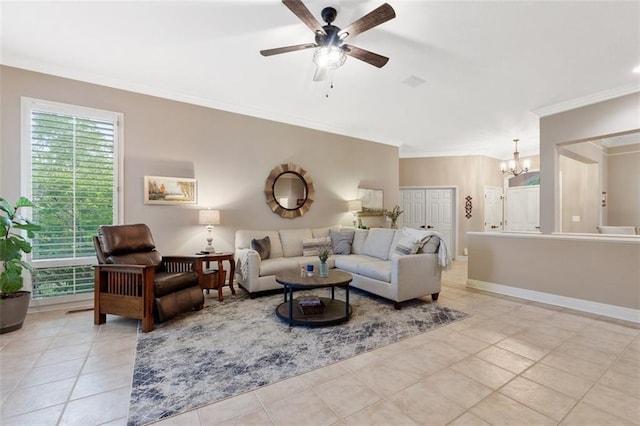 10181 S Shadow Cir, Olathe, KS 66061 - living area featuring crown molding, ceiling fan, a chandelier, and tile patterned floors