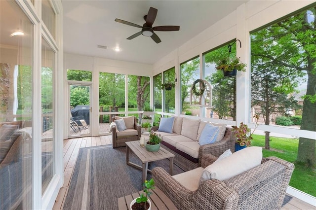 10181 S Shadow Cir, Olathe, KS 66061 - sunroom / solarium with an outdoor hangout area, ceiling fan, and plenty of natural light