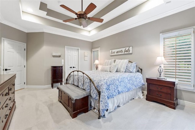 10181 S Shadow Cir, Olathe, KS 66061 - bedroom with light carpet, a raised ceiling, crown molding, and ceiling fan