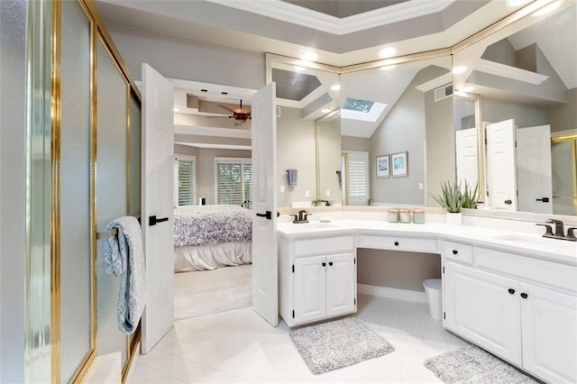 10181 S Shadow Cir, Olathe, KS 66061 - full bath featuring a skylight, crown molding, double vanity, a stall shower, and a ceiling fan
