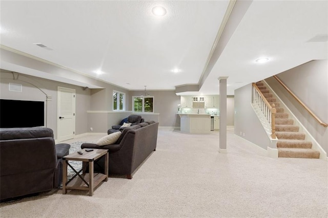 10181 S Shadow Cir, Olathe, KS 66061 - living room featuring stairs, light colored carpet, bar, and recessed lighting