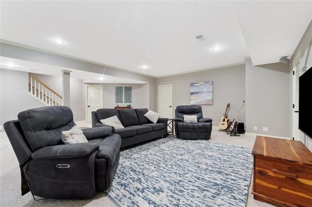 10181 S Shadow Cir, Olathe, KS 66061 - living room featuring carpet, recessed lighting, stairway, and ornamental molding