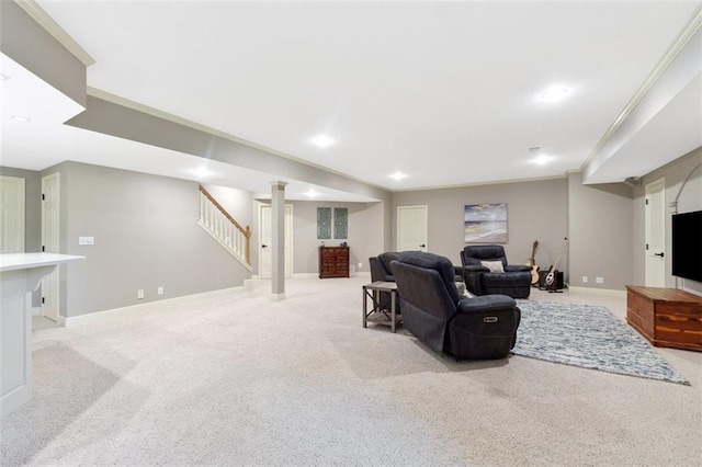 10181 S Shadow Cir, Olathe, KS 66061 - living room featuring carpet floors, stairway, crown molding, and recessed lighting
