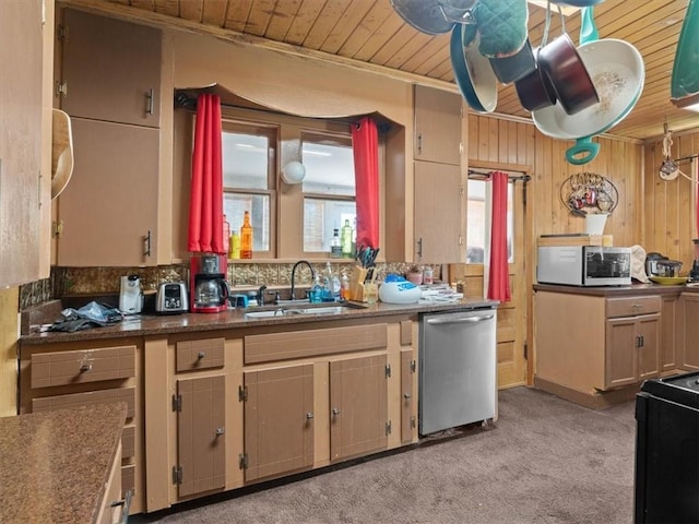 2605 S 15th St, Saint Joseph, MO 64503 - kitchen featuring stainless steel appliances, wood ceiling, wooden walls, light carpet, and crown molding