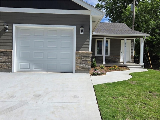 820 Carolina St, Neodesha, KS 66757 - view of front facade featuring driveway, stone siding, covered porch, a front yard, and roof with shingles
