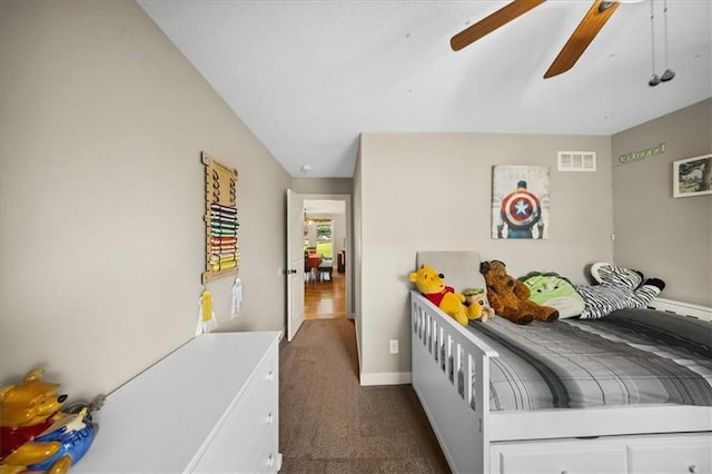 14115 NW 68th St, Parkville, MO 64152 - bedroom with dark colored carpet, lofted ceiling, and a ceiling fan