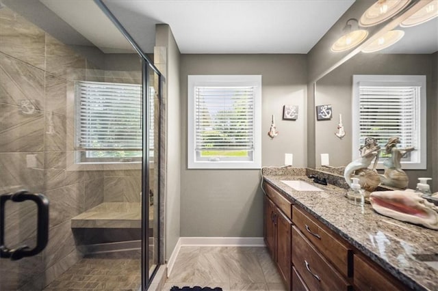 14115 NW 68th St, Parkville, MO 64152 - full bath with vanity, a stall shower, and marble finish floors