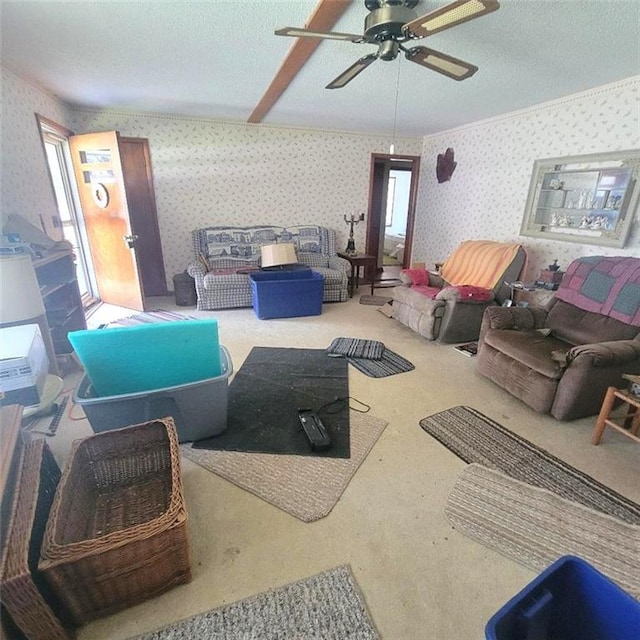 503 Hickory St, Richmond, MO 64085 - carpeted living room with wallpapered walls, ceiling fan, and a textured ceiling