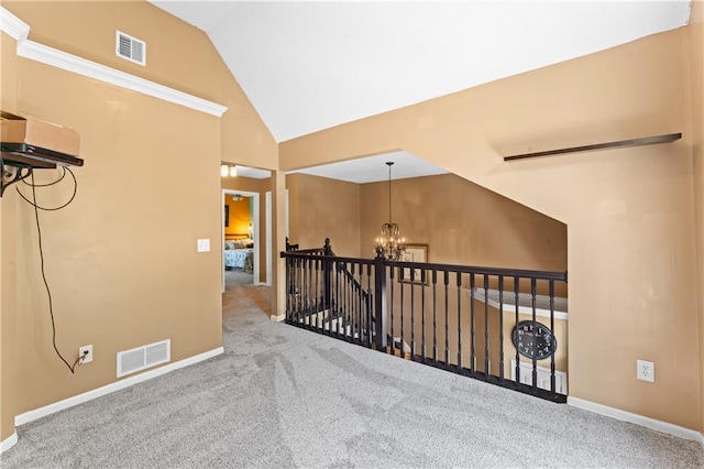 20112 W 220th St, Spring Hill, KS 66083 - hall featuring a chandelier, carpet flooring, vaulted ceiling, and an upstairs landing
