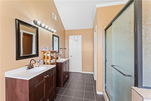 20112 W 220th St, Spring Hill, KS 66083 - full bath with lofted ceiling, a shower stall, two vanities, and tile patterned floors