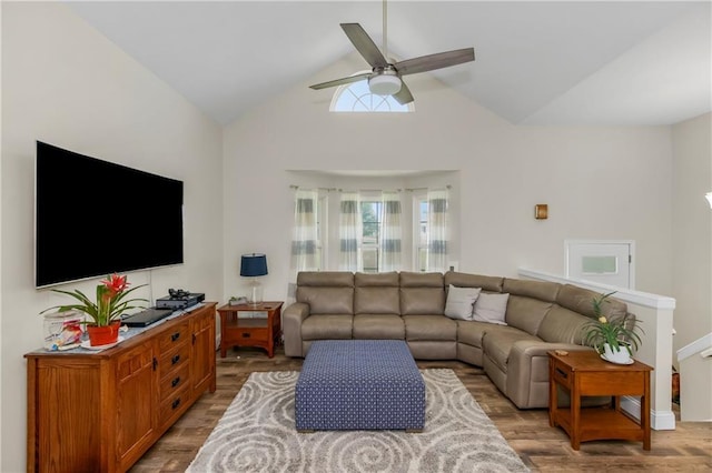 15375 Roger Rd, Leavenworth, KS 66048 - living room featuring light wood-style flooring, ceiling fan, and high vaulted ceiling