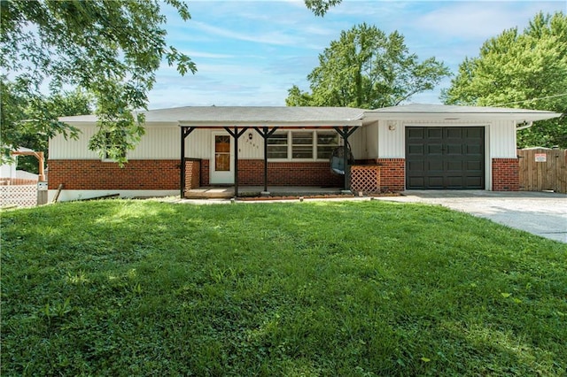 12603 E 37th St N, Sugar Creek, MO 64050 - ranch-style house with an attached garage, concrete driveway, brick siding, and board and batten siding