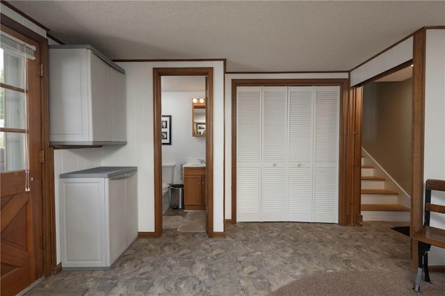 315 Goodrich Dr, Warrensburg, MO 64093 - washroom featuring carpet, cabinet space, and a textured ceiling