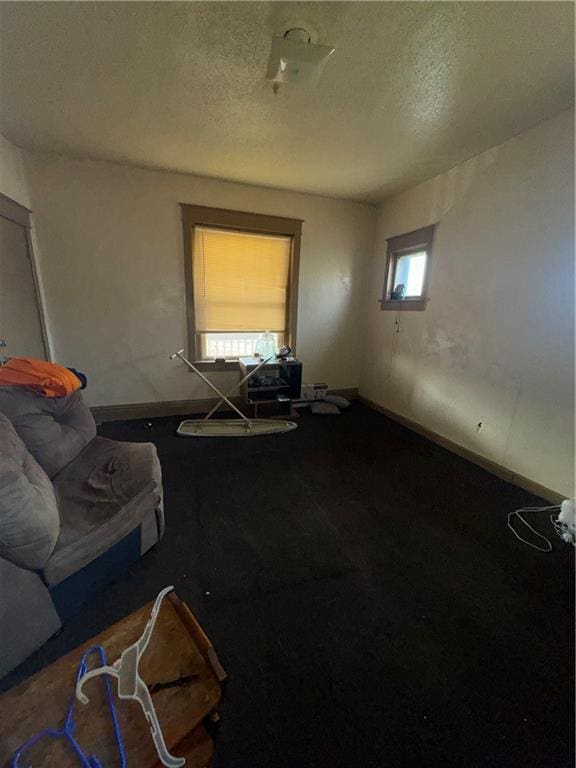 2416 E 22nd St, Kansas City, MO 64127 - carpeted living room featuring a textured ceiling